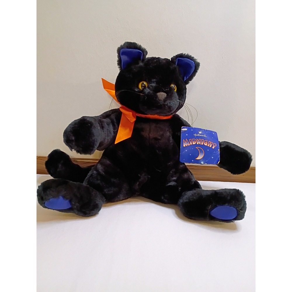 Vintage‎ Hallmark Midnight Black Cat Plush Stuffed Animal Orange Bow Yellow Eyes